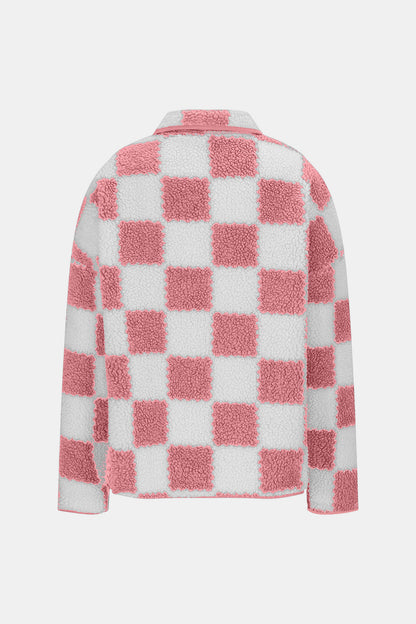 Checkered Snap Down Long Sleeve Teddy Jacket-Angel Casuals