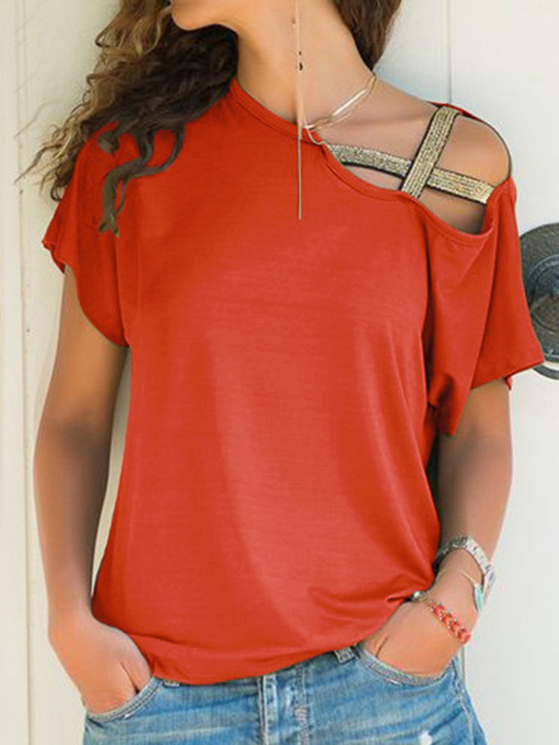Asymmetrical Neck Short Sleeve T-Shirt-Angel Casuals