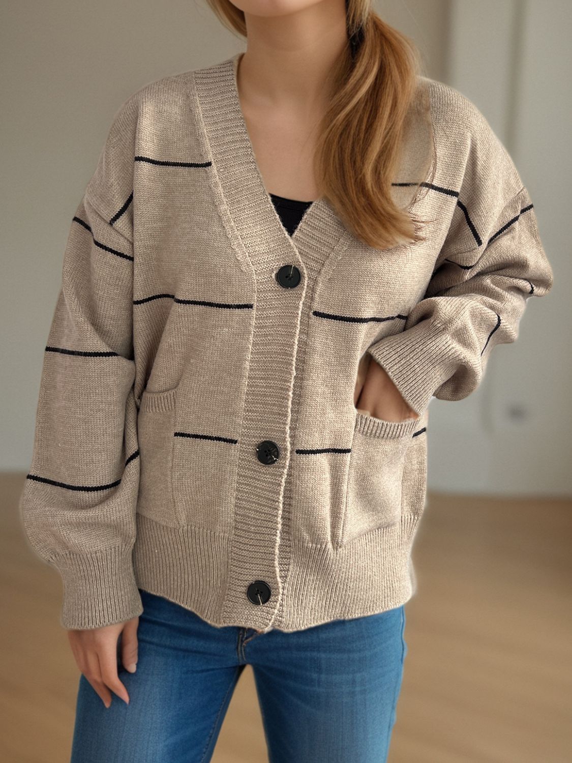 Striped Button Down V-Neck Long Sleeve Cardigan-Angel Casuals
