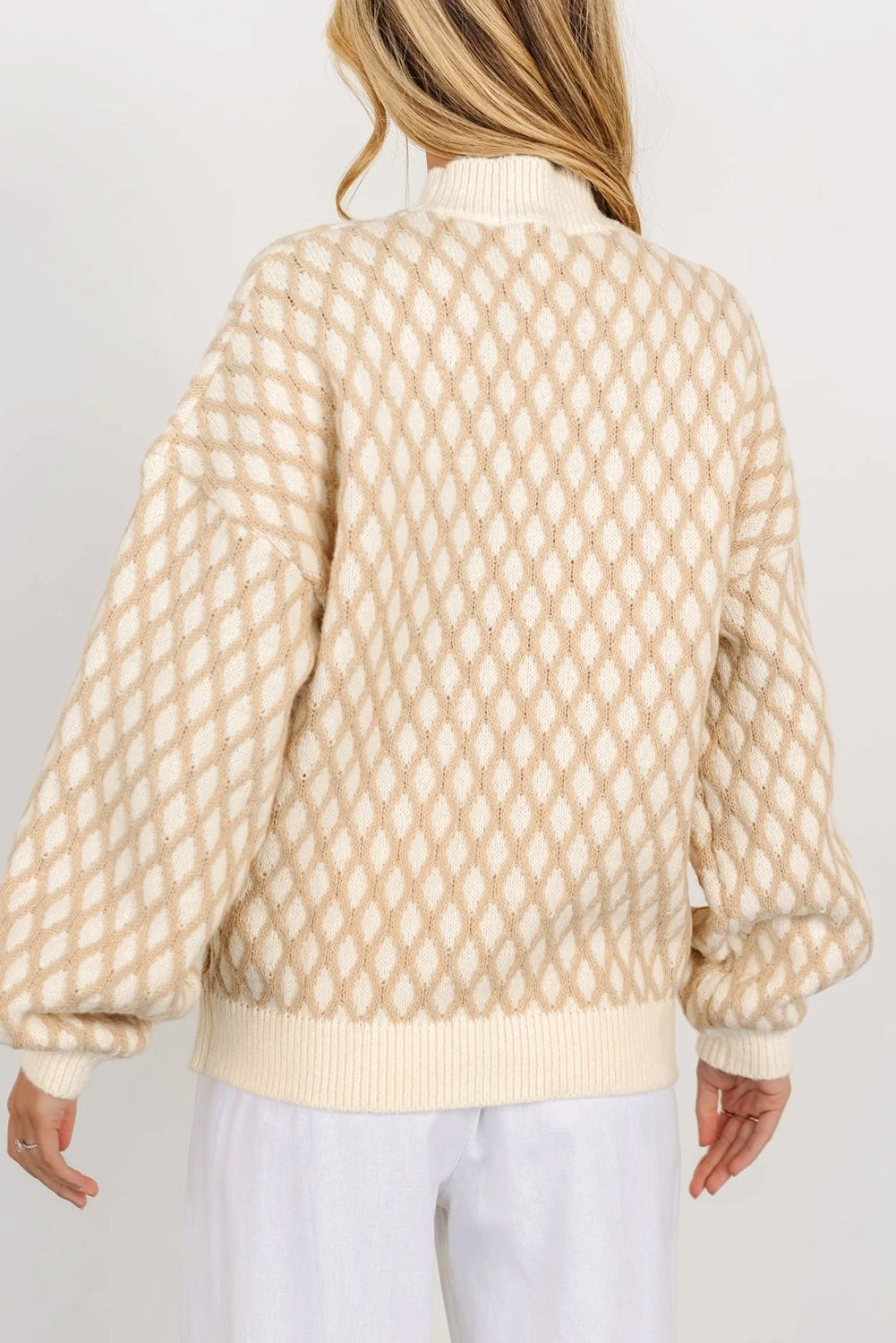 Diamond Pattern Mock Neck Long Sleeve Sweater-Angel Casuals