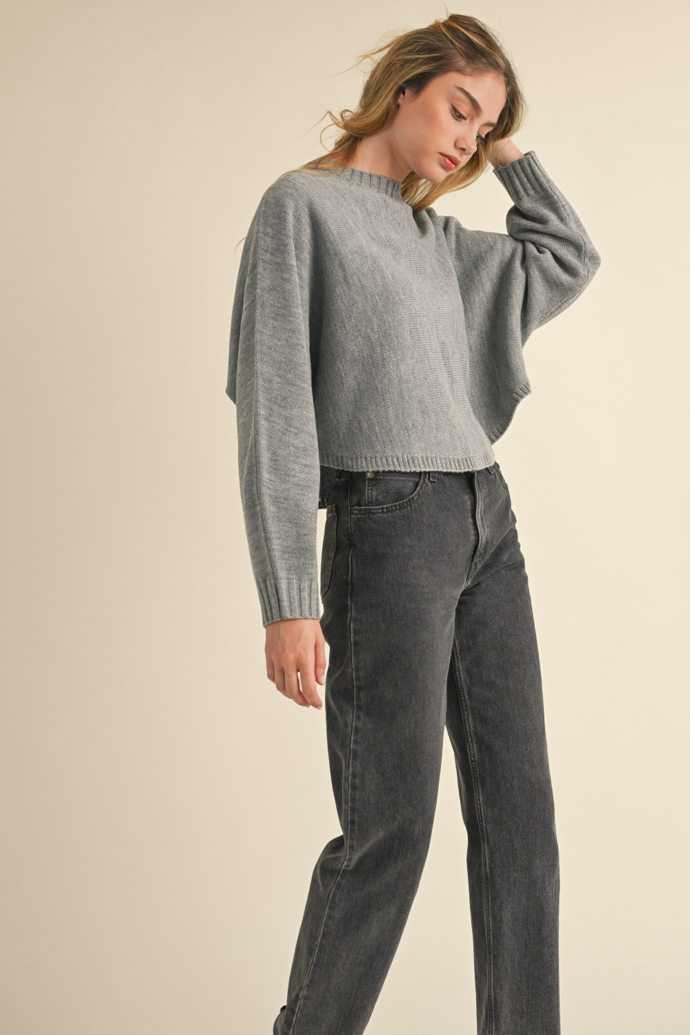 Mable Round Neck Dolman Sleeve Cropped Sweater-Angel Casuals