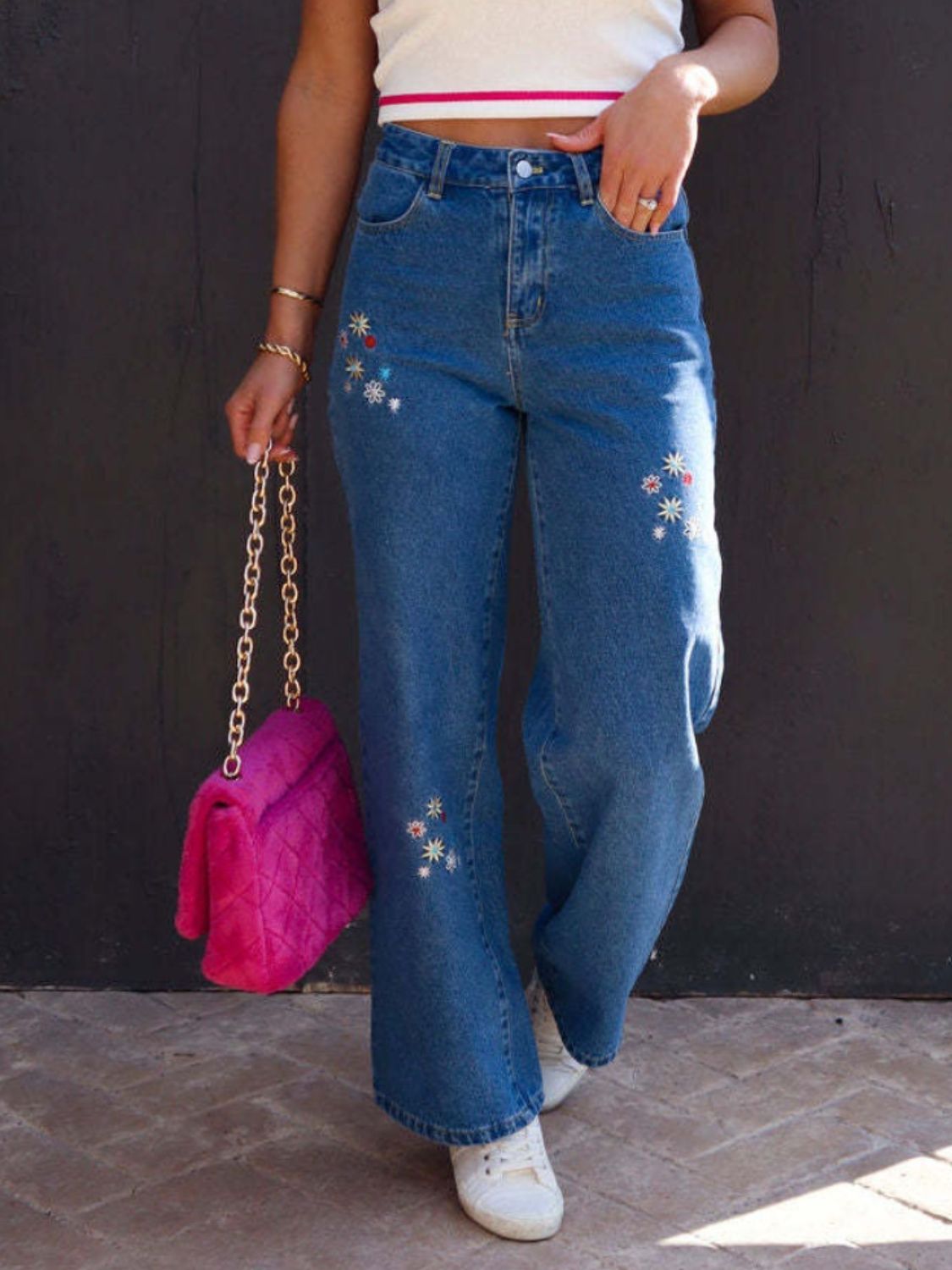 Embroidered Straight Jeans with Pockets-Angel Casuals