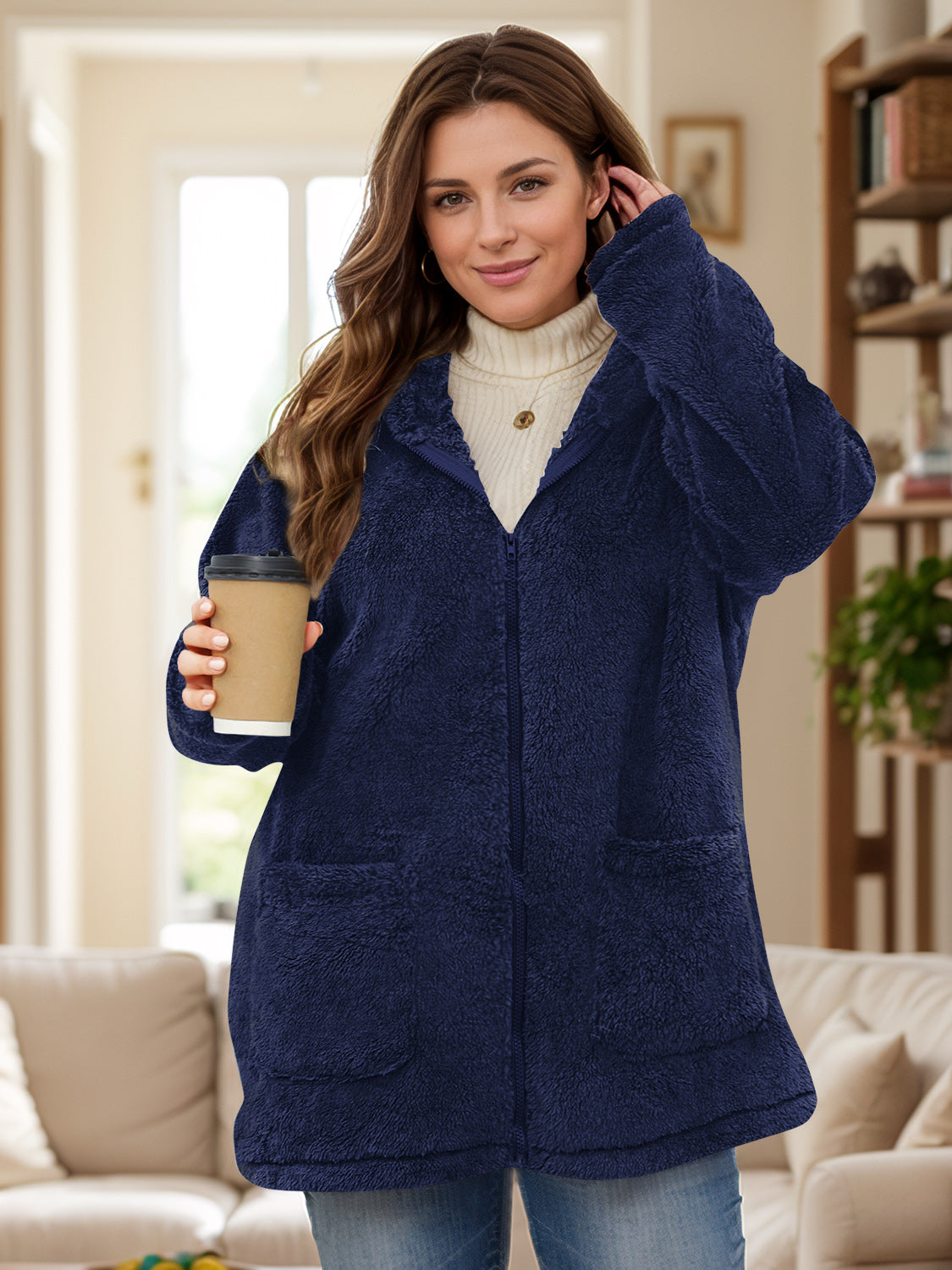 Plus Size Zip Up Long Sleeve Hooded Outerwear-Angel Casuals