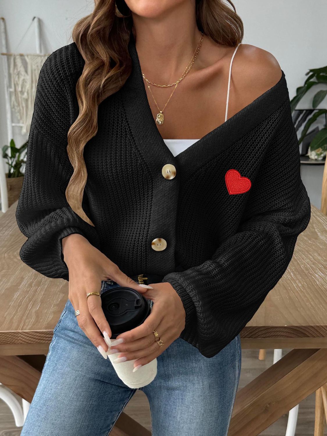 Heart Button Down V-Neck Long Sleeve Cardigan-Angel Casuals