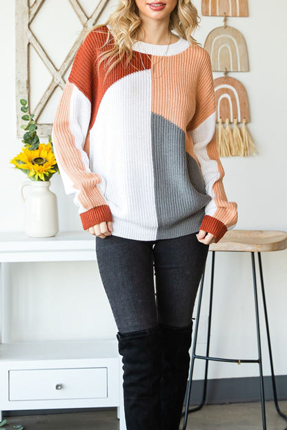 Color Block Drop Shoulder Long Sleeve Sweater-Angel Casuals