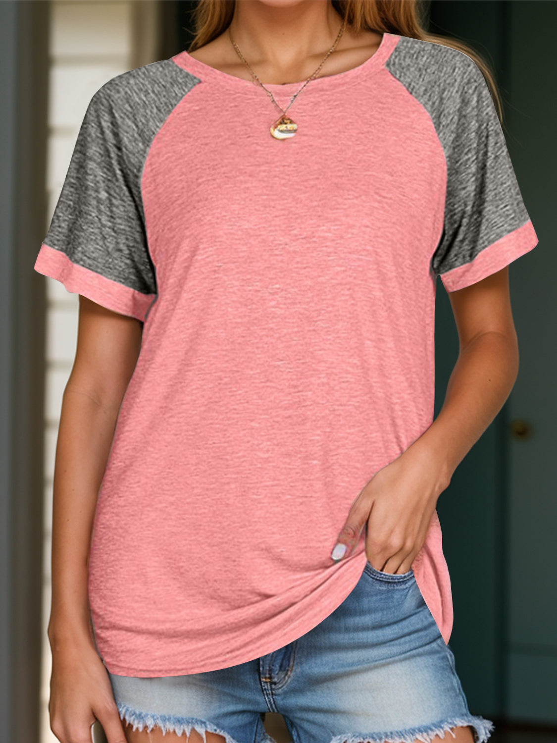 Full Size Contrast Round Neck Short Sleeve T-Shirt-Angel Casuals