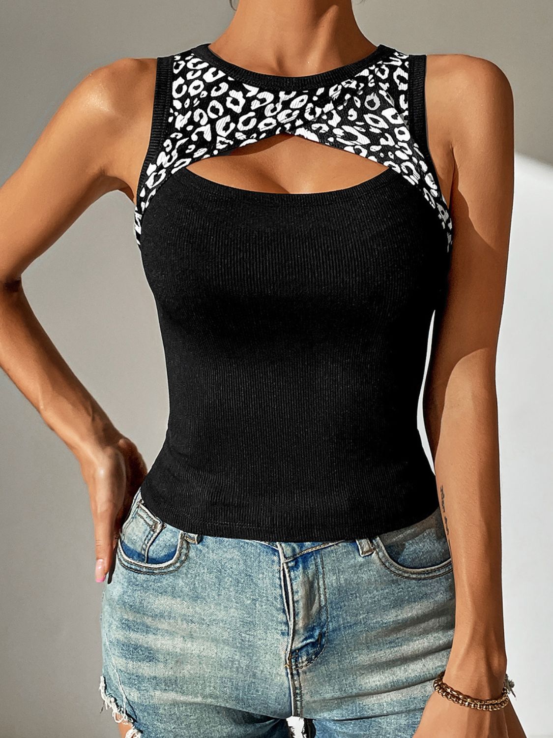 Leopard Cutout Round Neck Tank-Angel Casuals