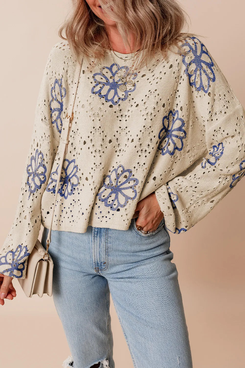 Openwork Round Neck Long Sleeve Knit Top-Angel Casuals