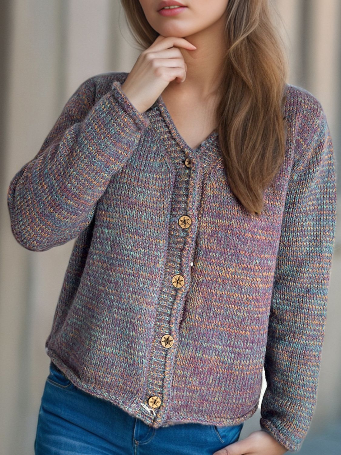 Heathered V-Neck Long Sleeve Cardigan-Angel Casuals