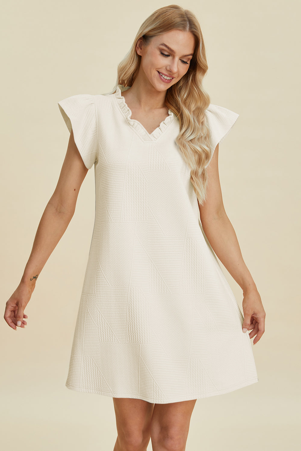 Double Take Full Size Ruffled V-Neck Cap Sleeve Dress-Angel Casuals