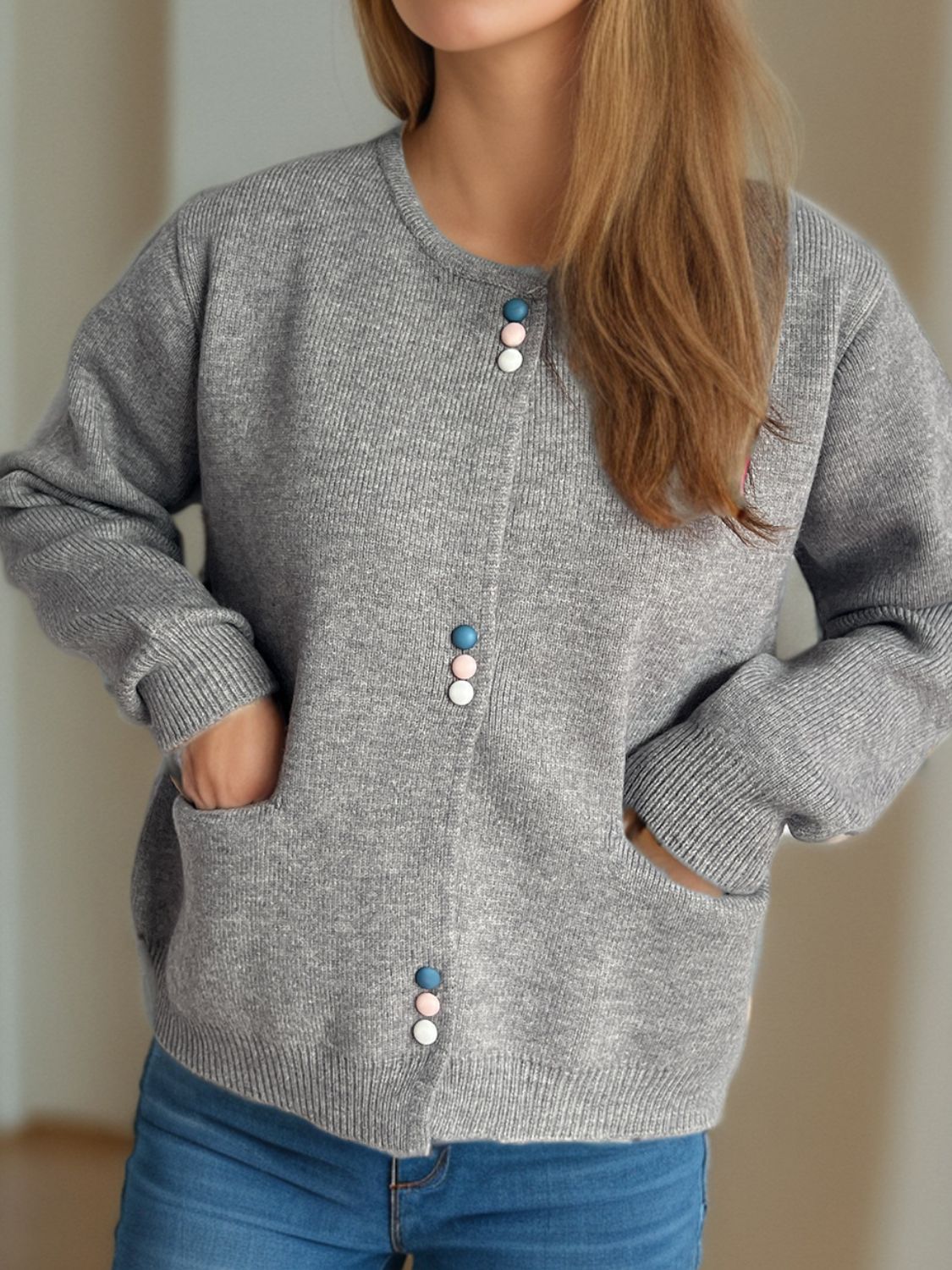 Button Down Long Sleeve Cardigan with Pockets-Angel Casuals