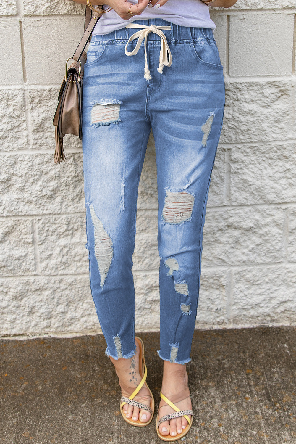 Drawstring Distressed Raw Hem Jeans with Pockets-Angel Casuals