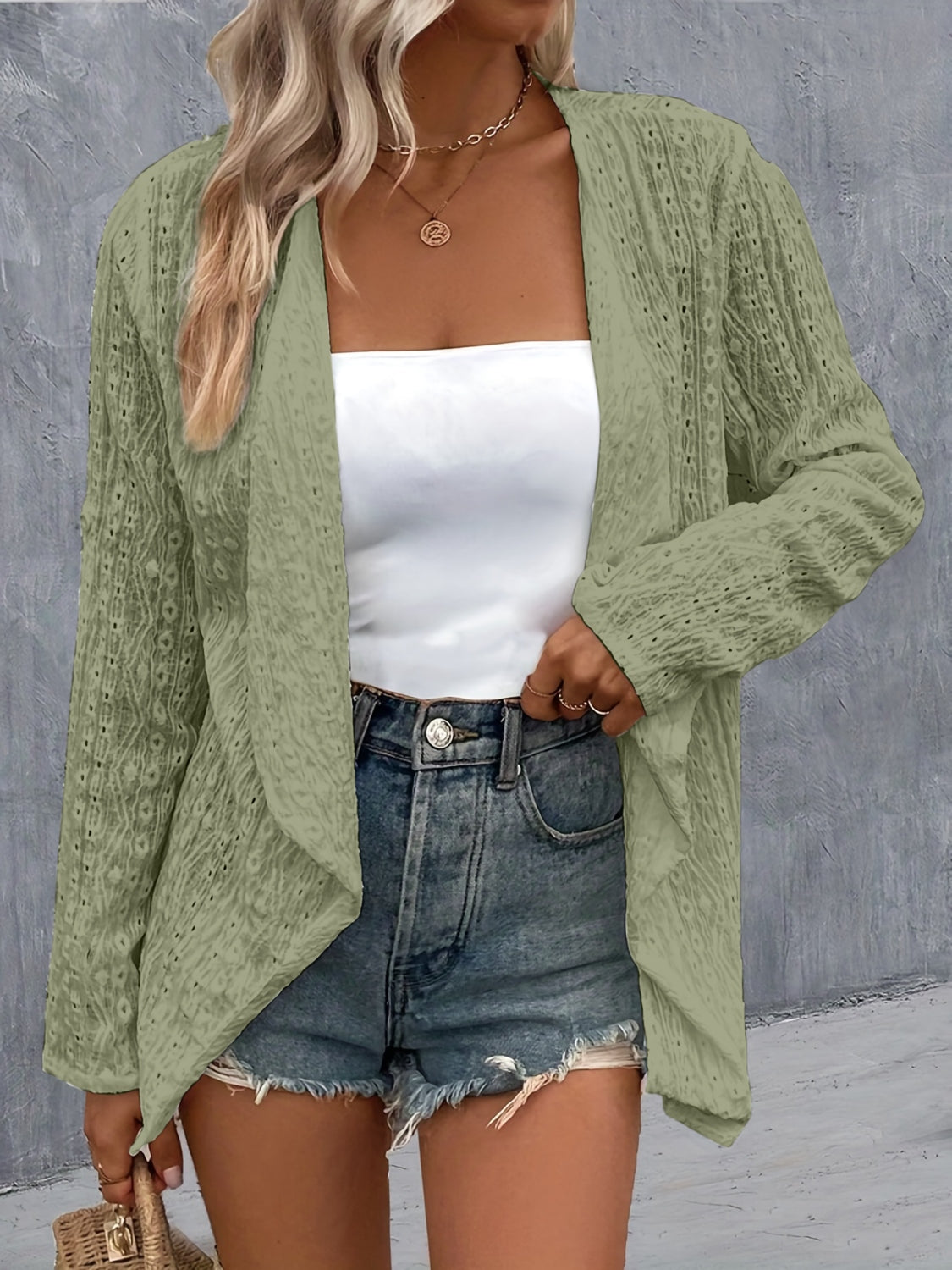 Eyelet Roll-Tab Sleeve Cardigan-Angel Casuals