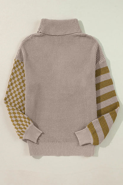 Checkered Striped Turtleneck Long Sleeve Sweater-Angel Casuals