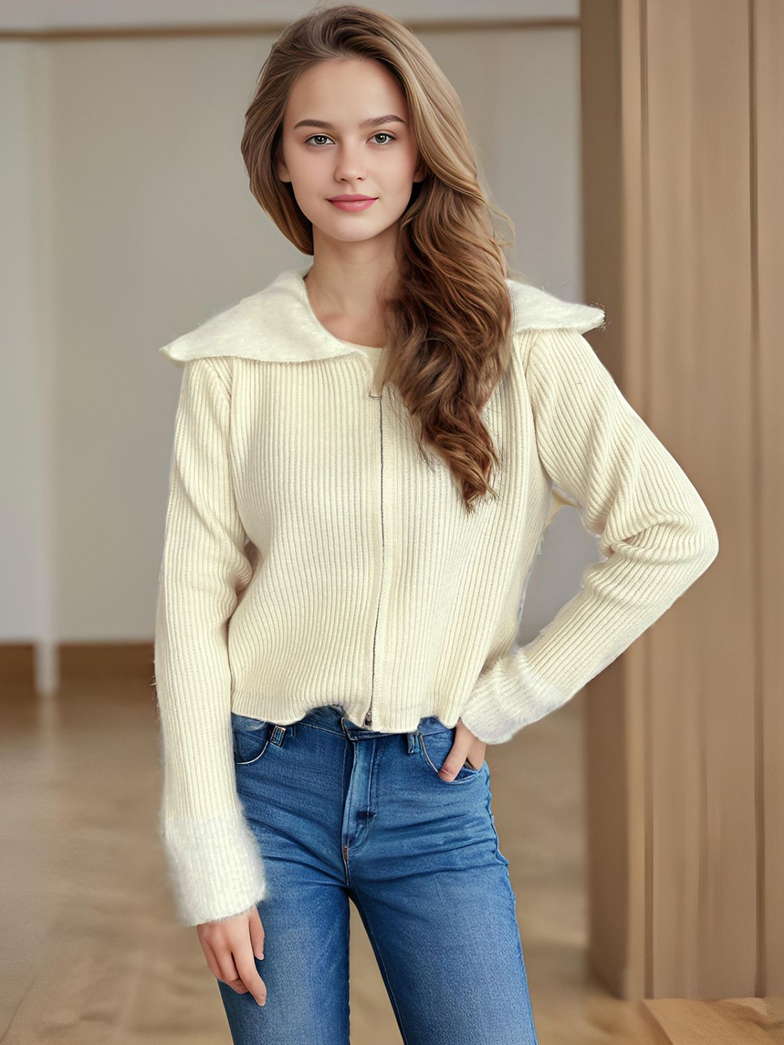 Zip Up Collared Neck Long Sleeve Cardigan-Angel Casuals