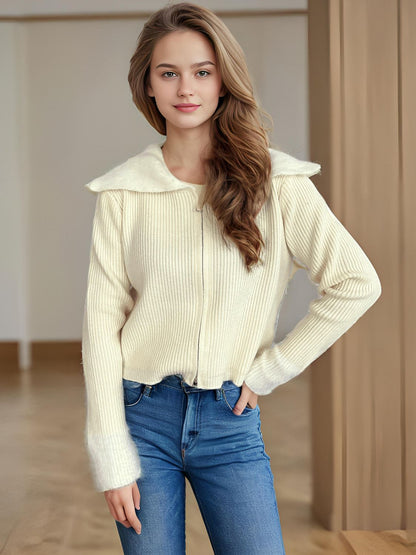 Zip Up Collared Neck Long Sleeve Cardigan-Angel Casuals