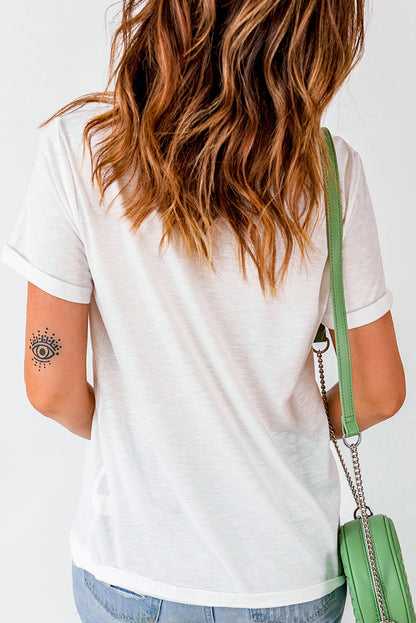 Sequin Flower Round Neck Short Sleeve T-Shirt-Angel Casuals