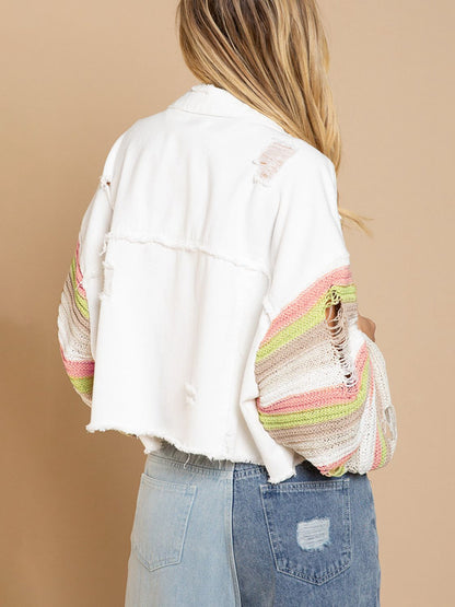 Distressed Striped Long Sleeve Denim Jacket-Angel Casuals