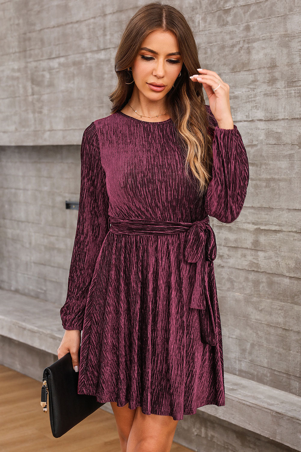 Round Neck Tie Front Long Sleeve Dress-Angel Casuals