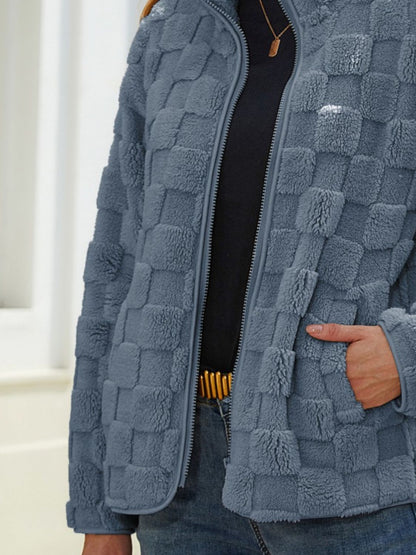 Fuzzy Checkered Zip Up Jacket-Angel Casuals
