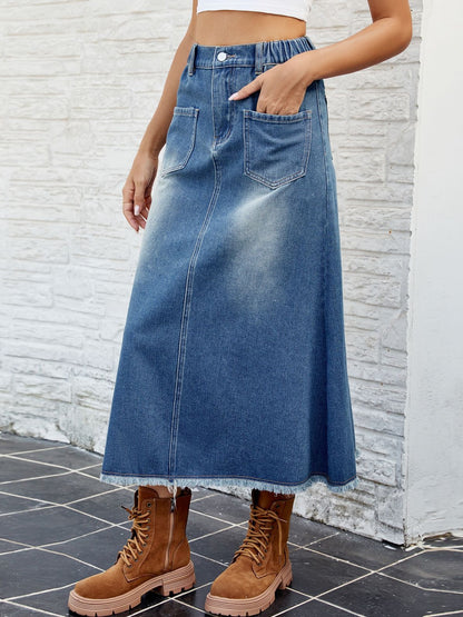 Raw Hem Buttoned Denim Skirt with Pockets-Angel Casuals