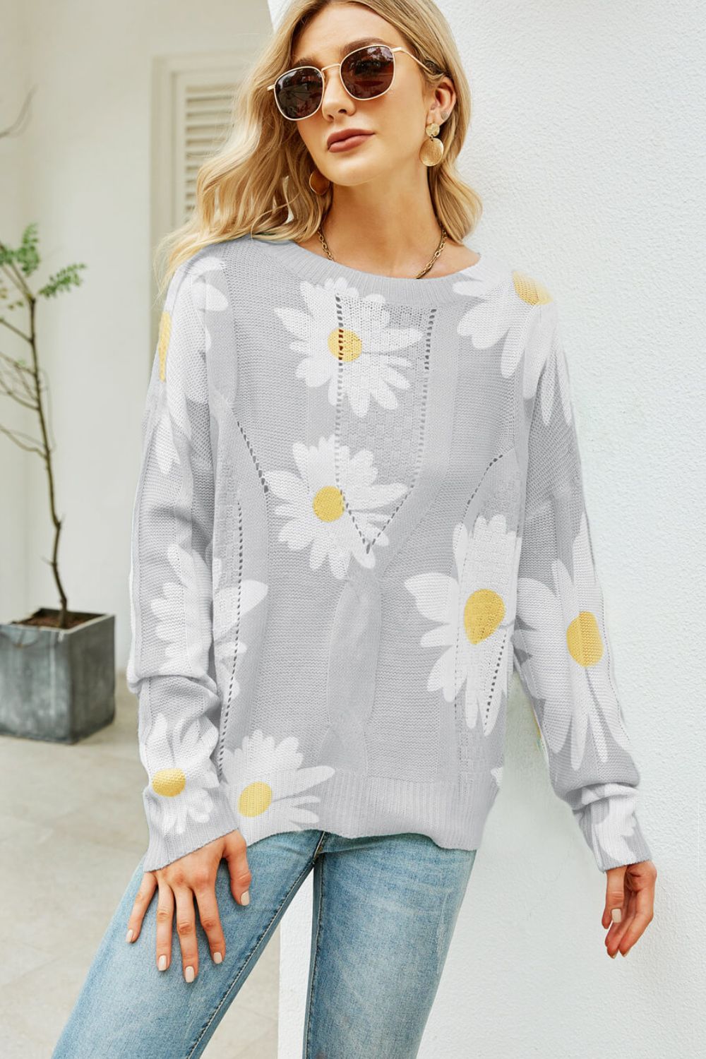 Angel Wings Daisy Print Openwork Round Neck Sweater-Angel Casuals