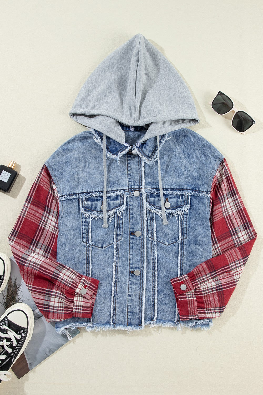 Raw Hem Drawstring Plaid Denim Jacket-Angel Casuals