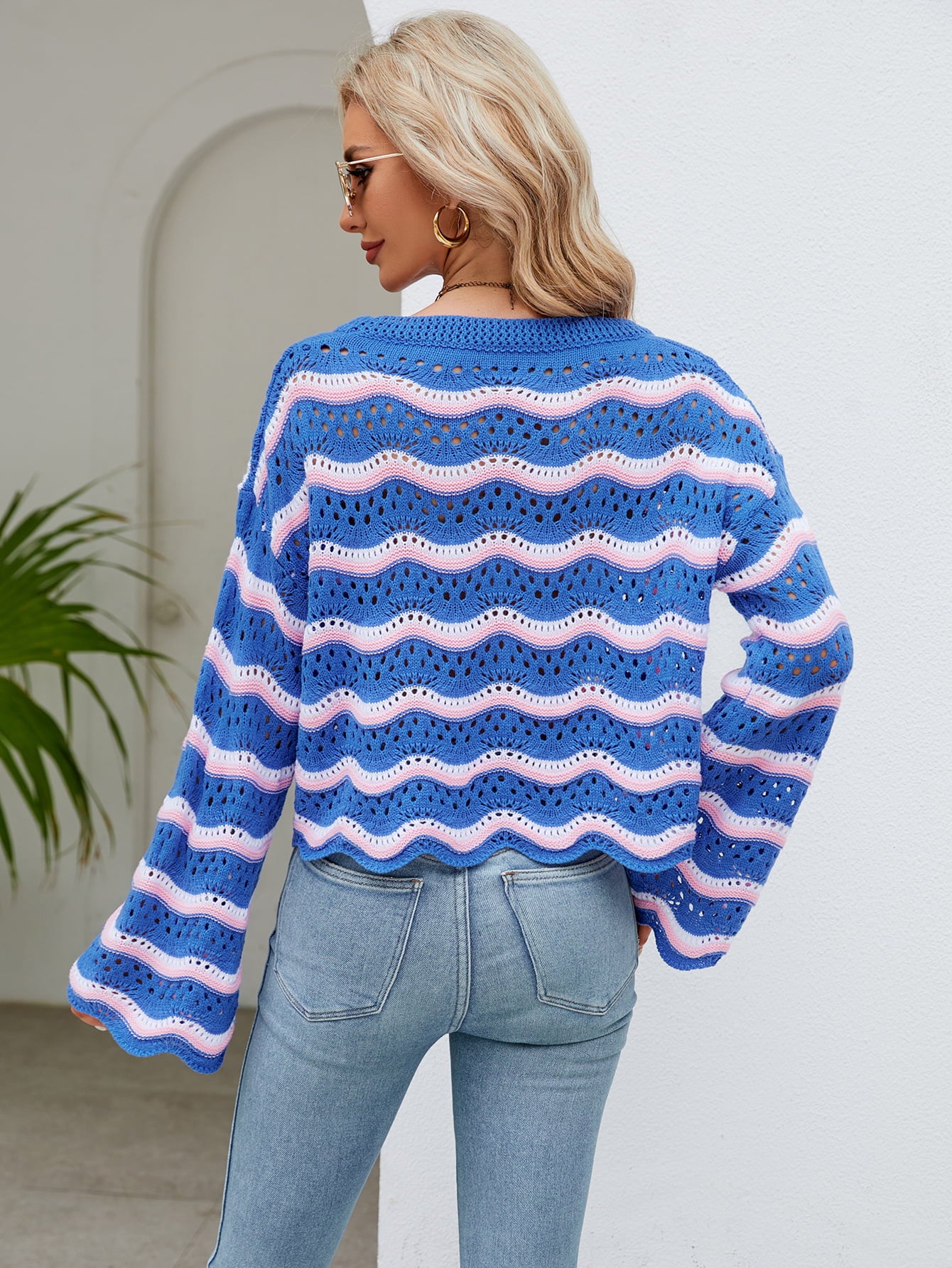 Round Neck Openwork Flare Sleeve Knit Top-Angel Casuals