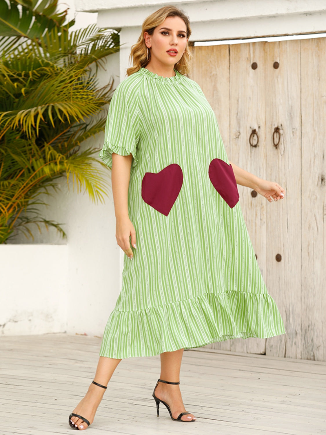 Plus Size Frill Heart Striped Half Sleeve Dress-Angel Casuals