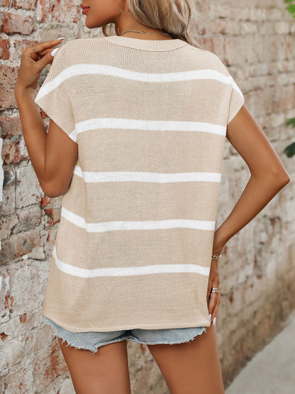 Mandy Striped Round Neck Short Sleeve Knit Top-Angel Casuals