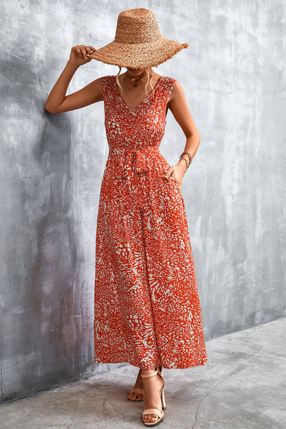 Printed V-Neck Tie Waist Maxi Dress-Angel Casuals