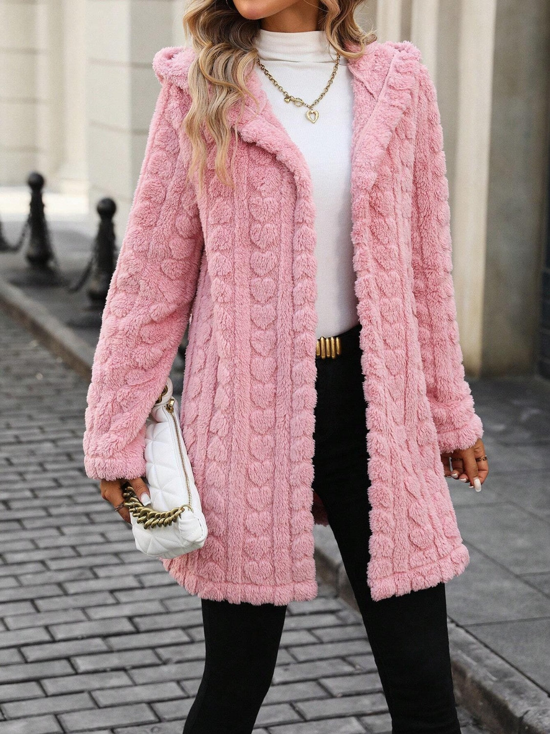 Heart Open Front Hooded Fuzzy Coat-Angel Casuals