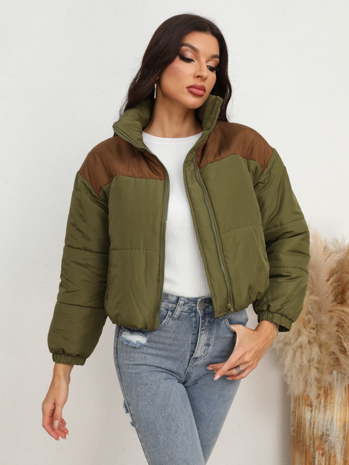 Two-Tone Zip-Up Puffer Jacket-Angel Casuals