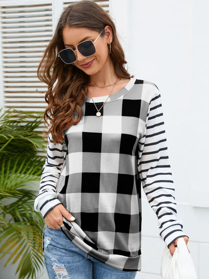 Plaid Striped Round Neck Long Sleeve T-Shirt-Angel Casuals