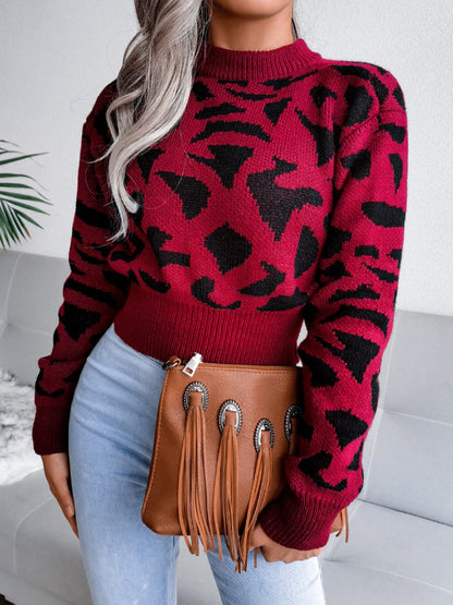 Leopard Round Neck Dropped Shoulder Sweater-Angel Casuals