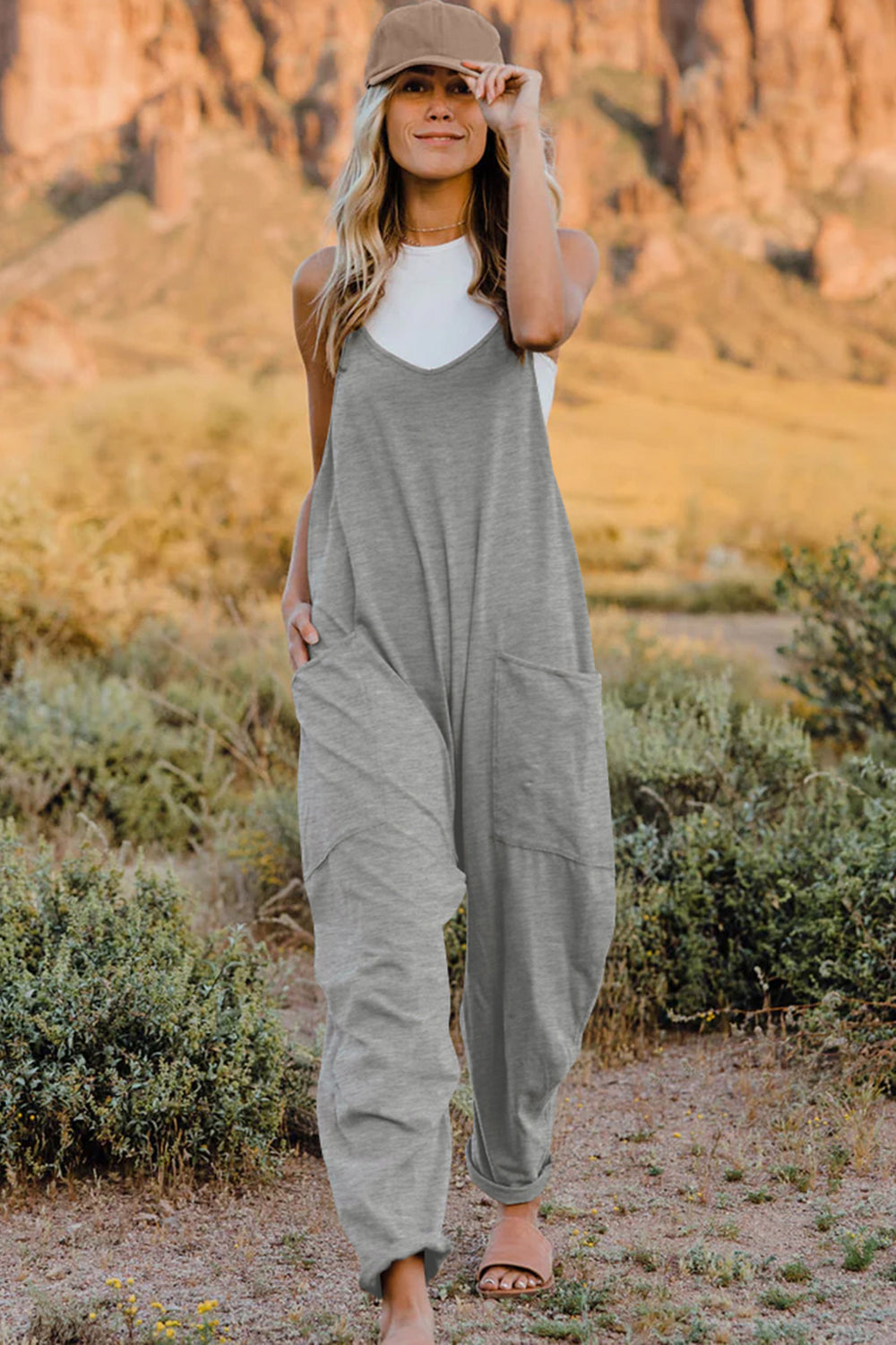 Double Take Full Size V-Neck Sleeveless Jumpsuit with Pockets-Angel Casuals