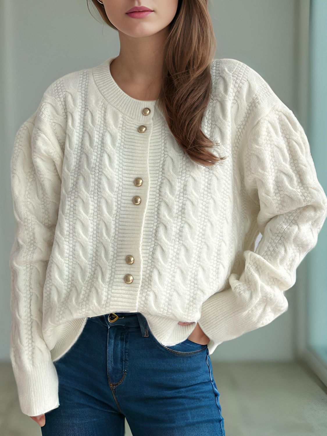 Cable-Knit Round Neck Long Sleeve Cardigan-Angel Casuals