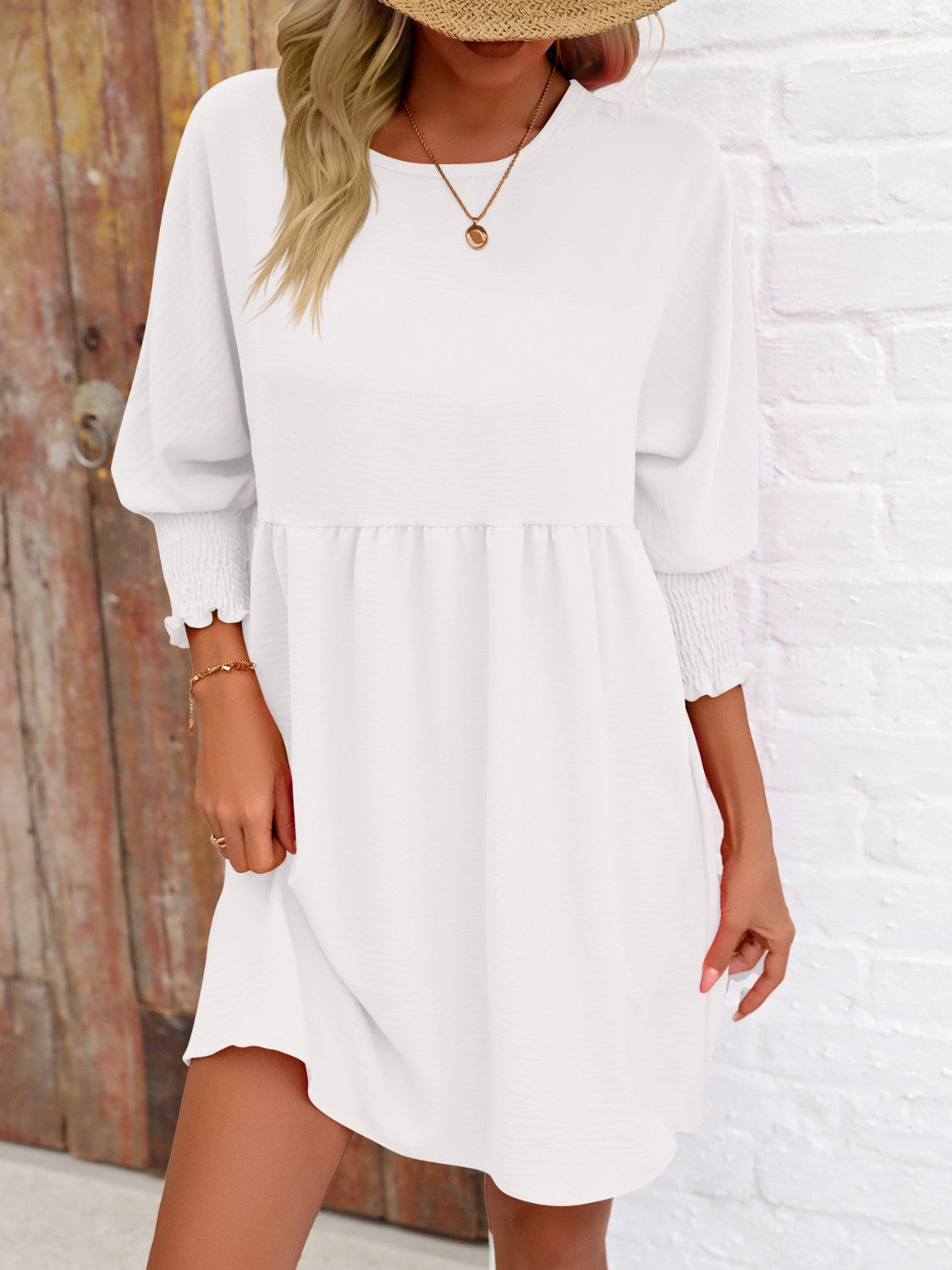 Round Neck Lantern Sleeve Mini Dress-Angel Casuals