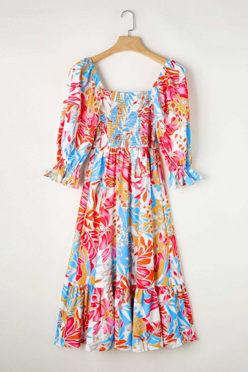 Smocked Printed Half Sleeve Midi Dress-Angel Casuals