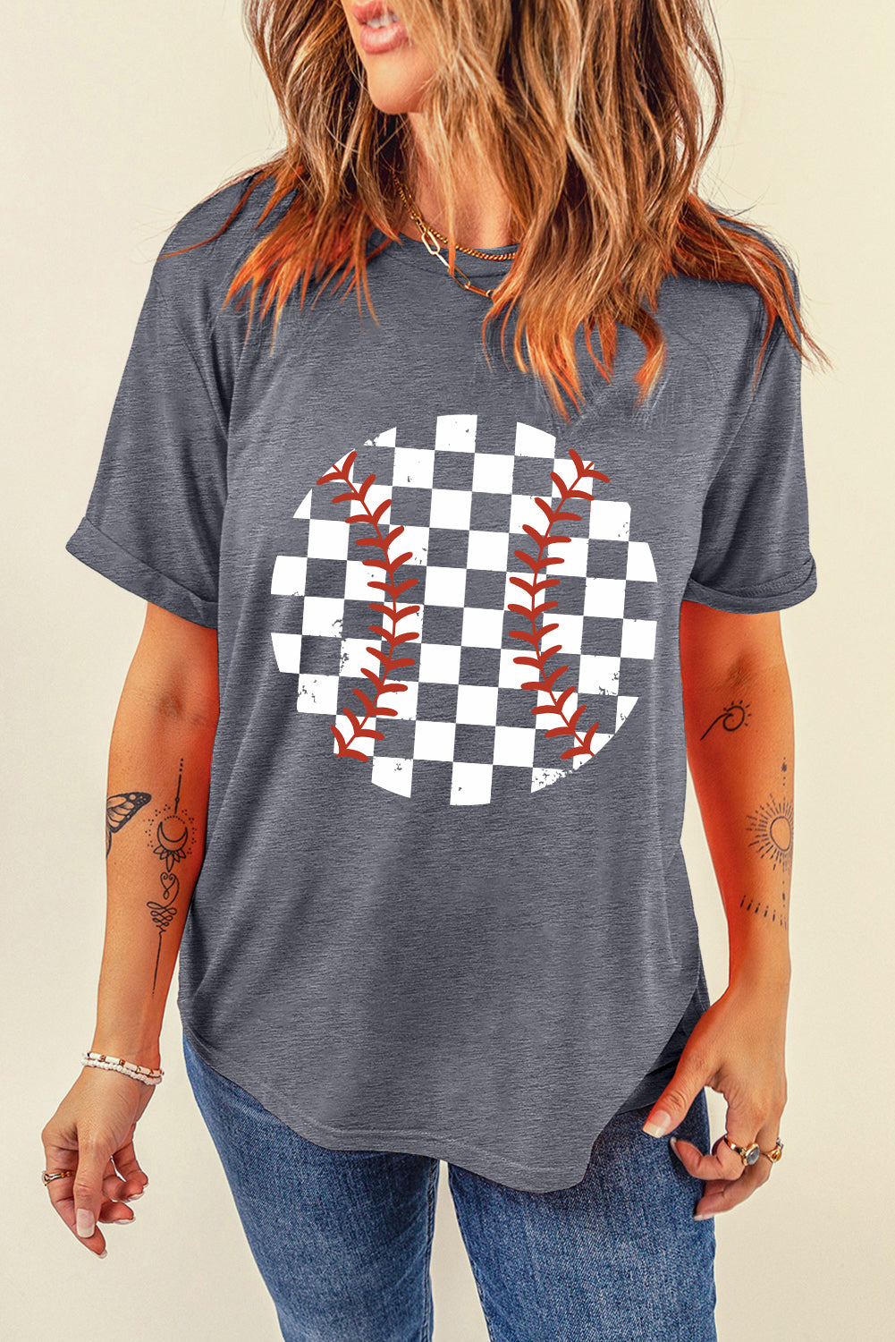 Checkered Graphic Round Neck Short Sleeve T-Shirt-Angel Casuals