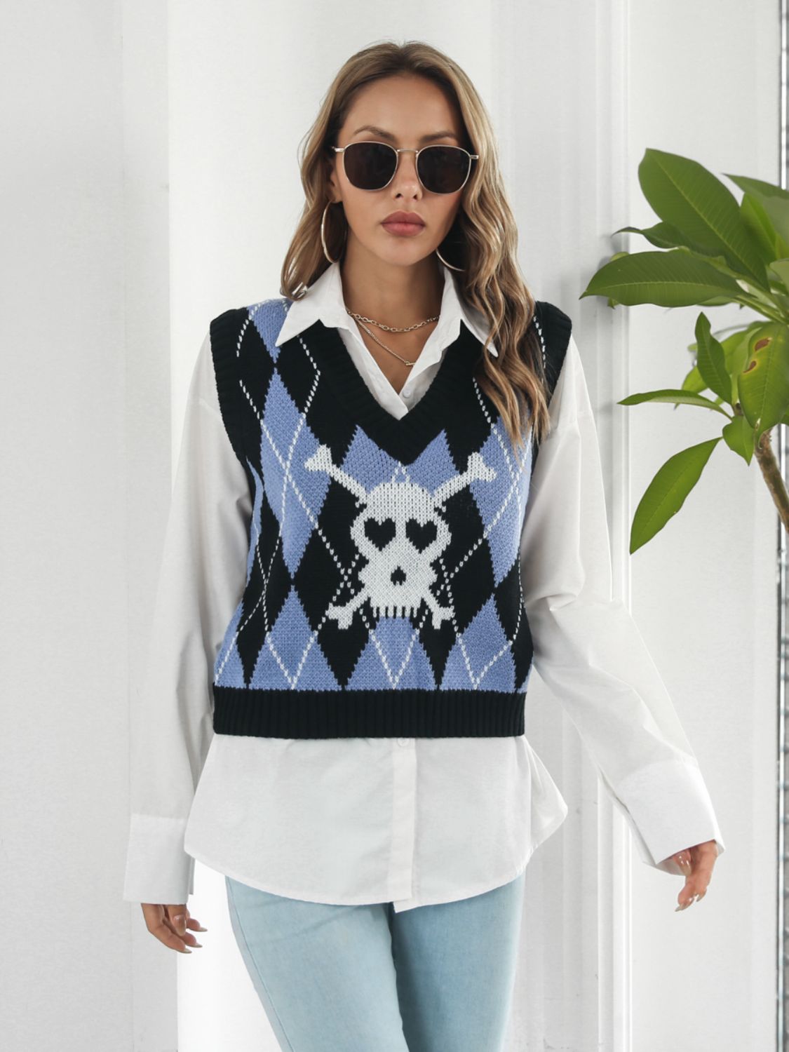 Skull Geometric V-Neck Sweater Vest-Angel Casuals
