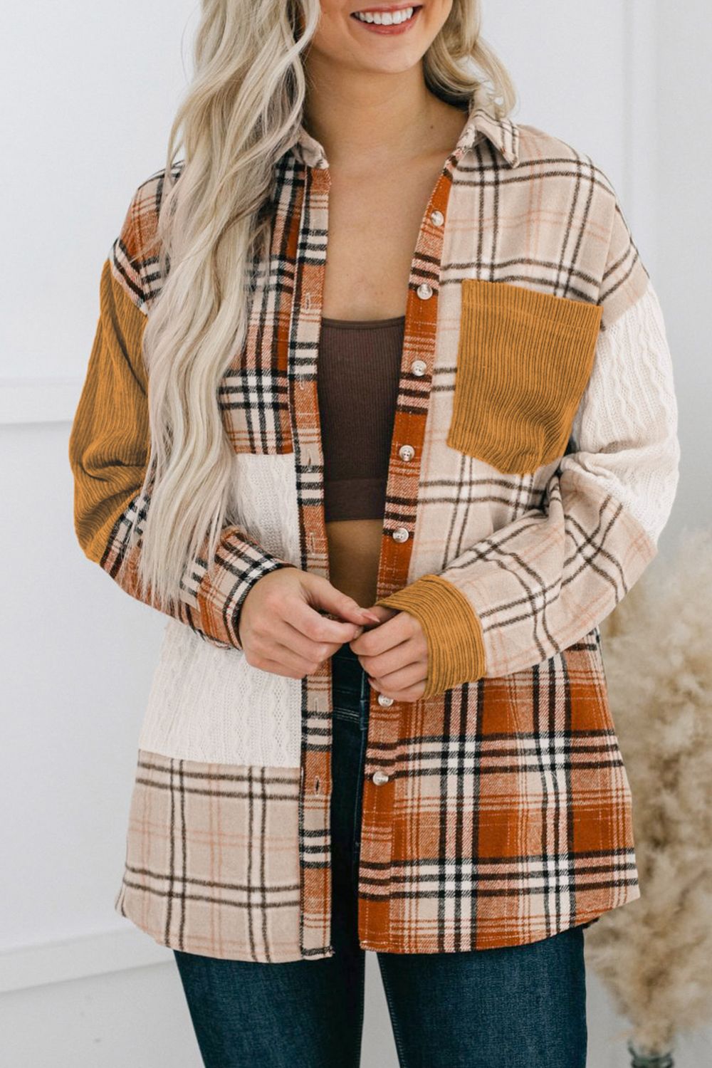 Plaid Button Up Long Sleeve Shacket-Angel Casuals