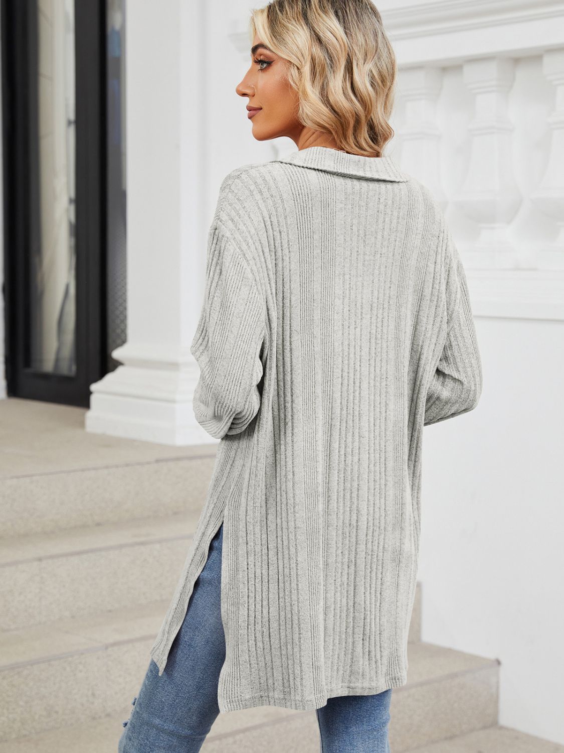 Slit Johnny Collar Long Sleeve T-Shirt-Angel Casuals