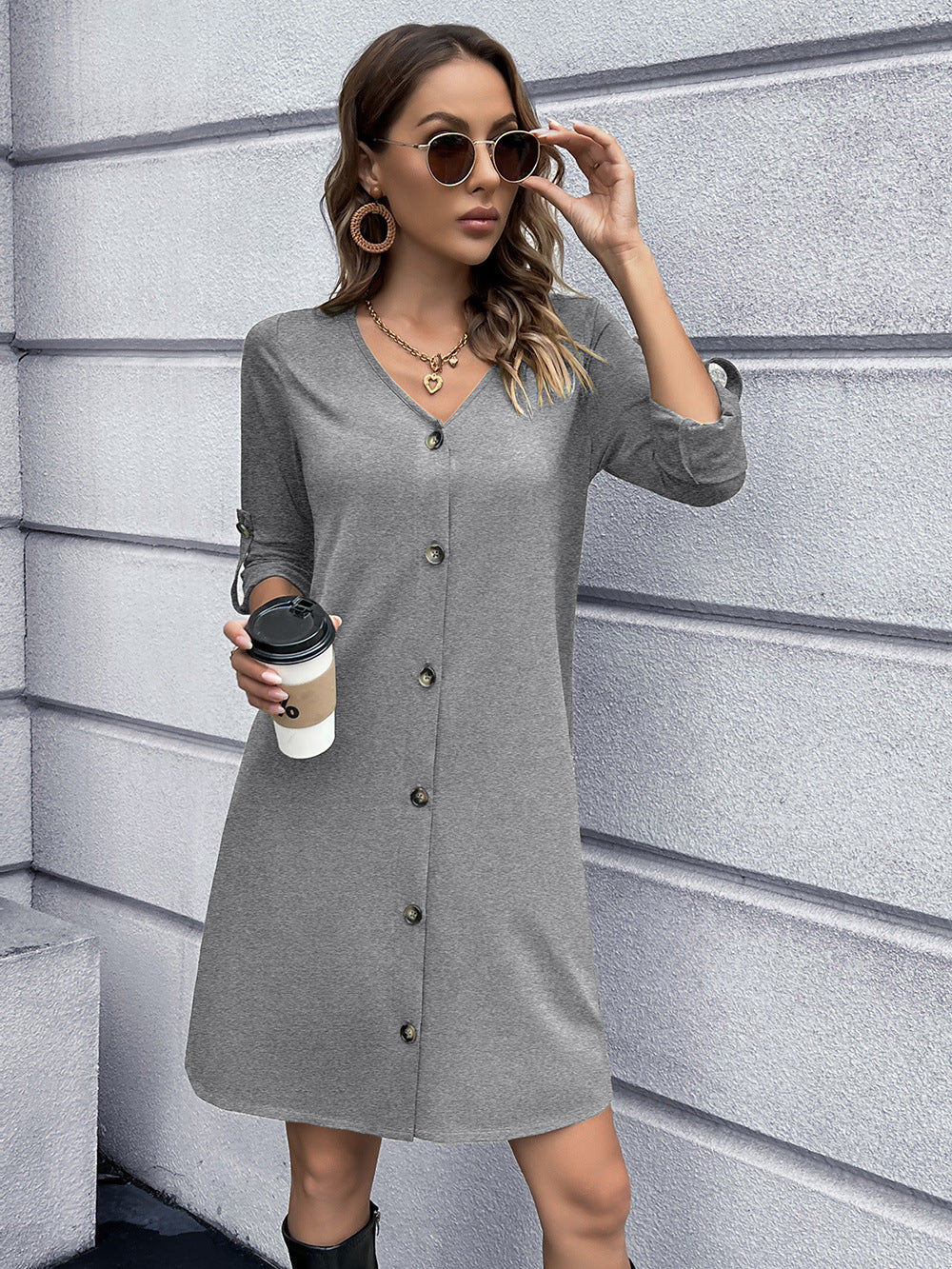 Button Down V-Neck Mini Dress-Angel Casuals