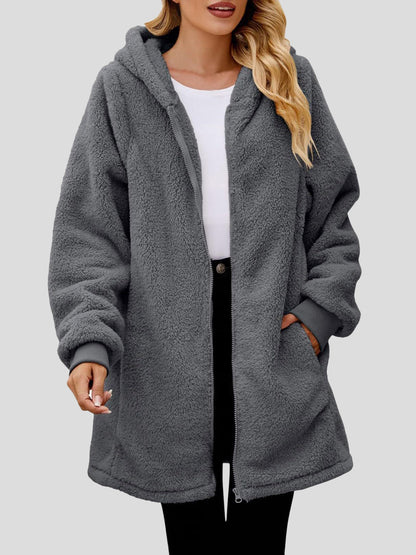 Fuzzy Pocketed Zip Up Long Sleeve Hooded Jacket-Angel Casuals