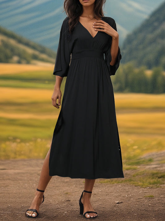 Slit V-Neck Long Sleeve Midi Dress-Angel Casuals