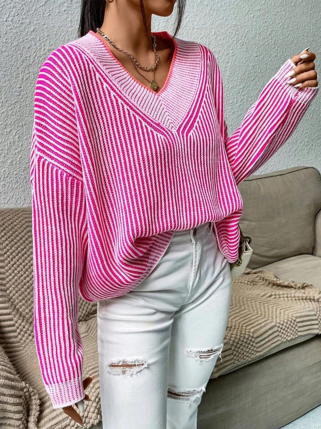 Striped V-Neck Long Sleeve Sweater-Angel Casuals