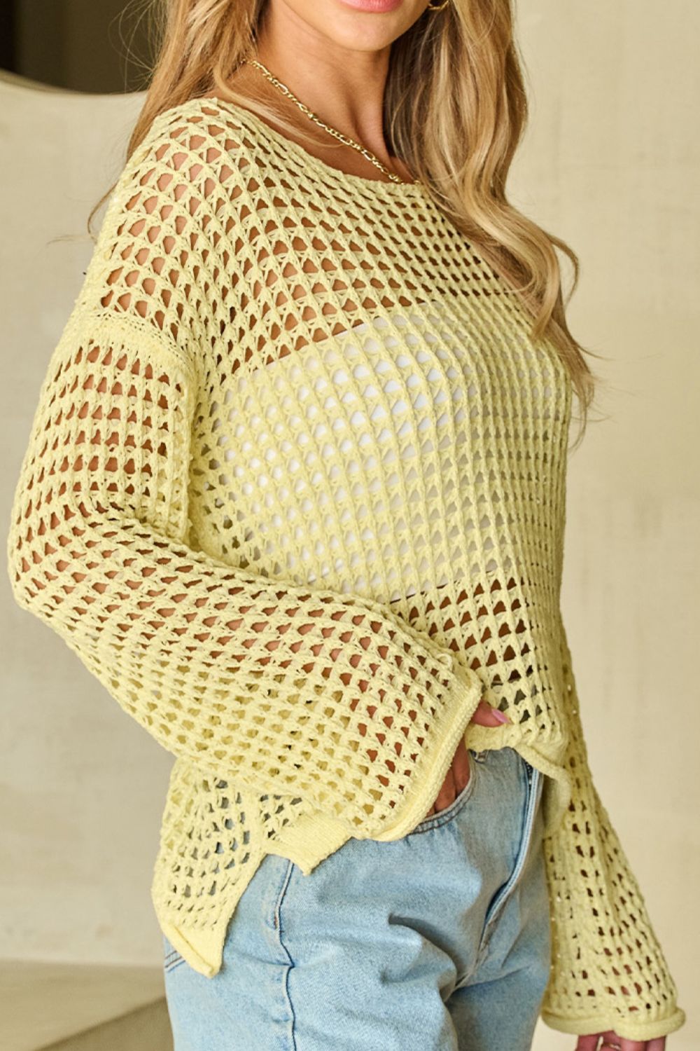 Openwork Round Neck Dropped Shoulder Knit Cover Up-Angel Casuals