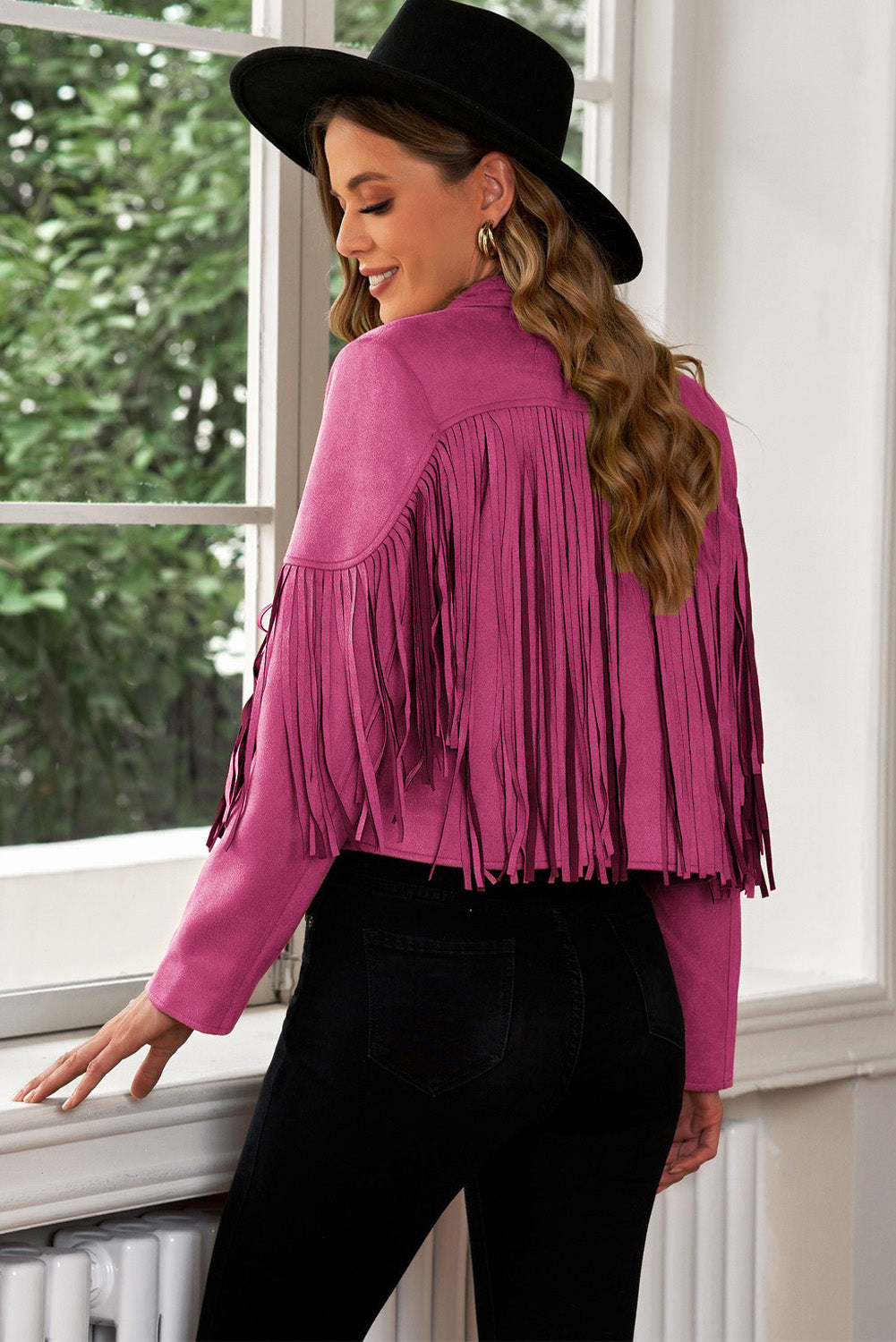 Fringe Trim Lapel Collar Cropped Blazer-Angel Casuals