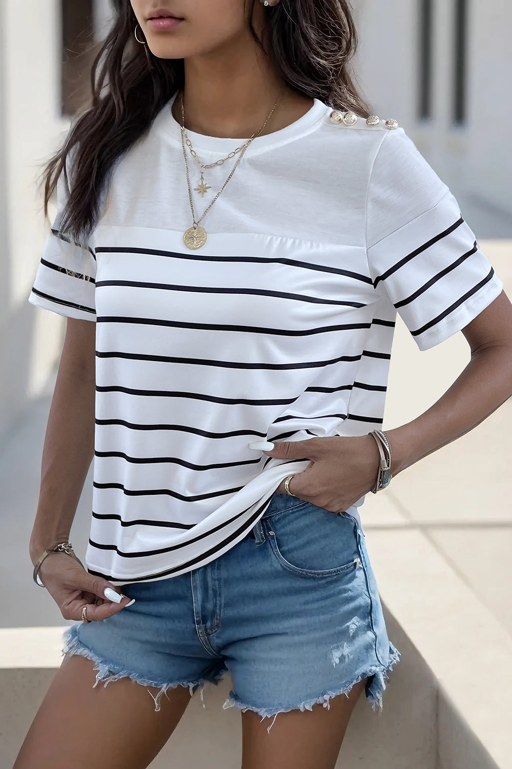 Decorative Button Striped Short Sleeve T-Shirt-Angel Casuals